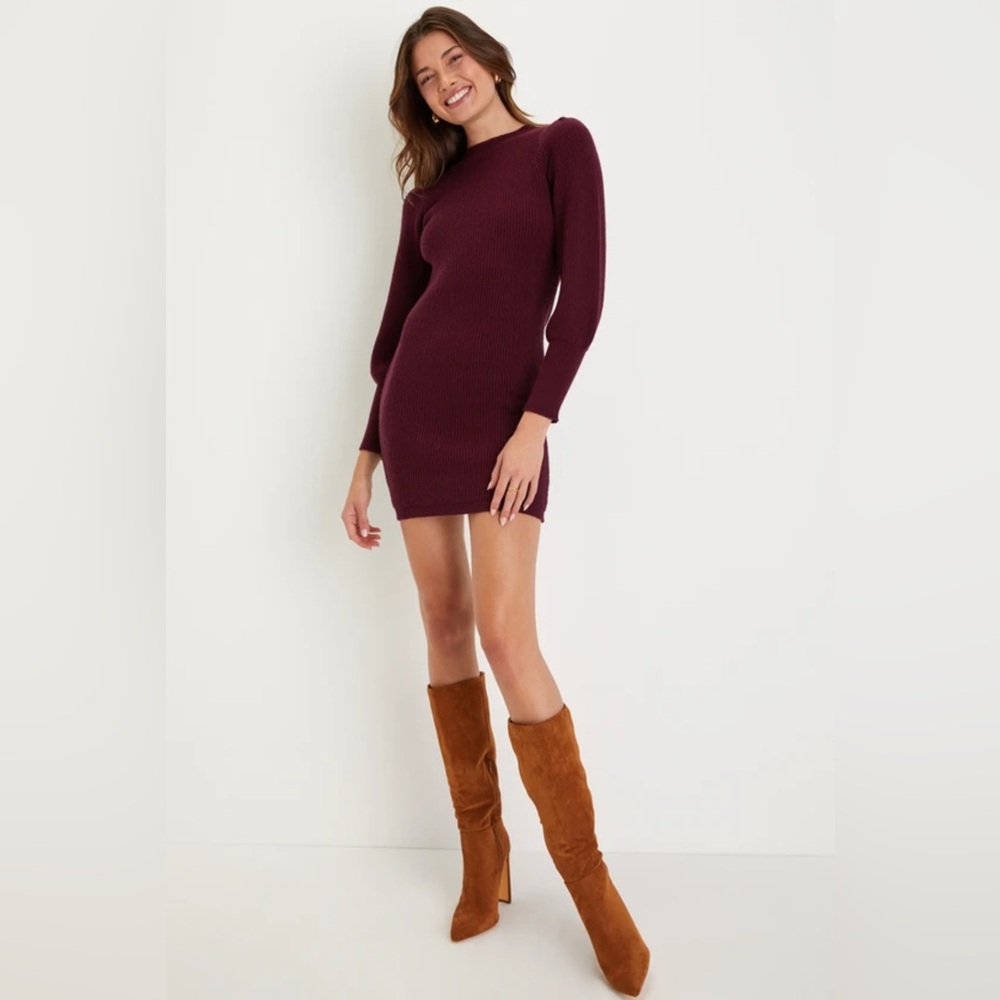 Lulu's Loving You Fondly Burgundy Ribbed Knit Sweater Dress